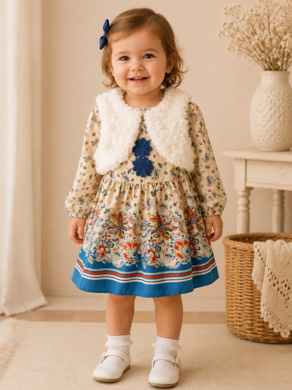 Pippa & Julie 3 Pc Paisley Dress Set Faux Fur Vest Bloomers 24M NWT